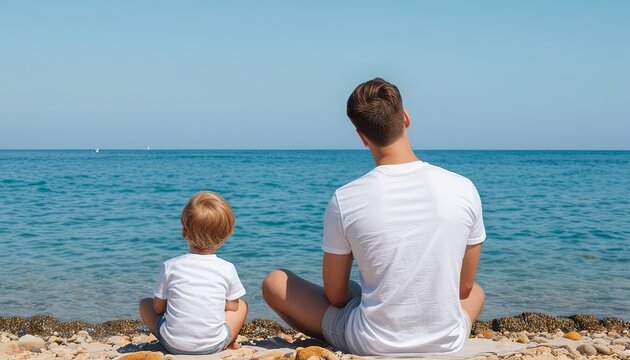 T-Shirt Mockup: Young Father and Son by the Ocean
