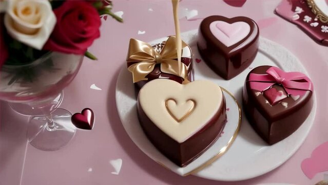 heart-shaped chocolate cake on a table with rose petals, generative Ai
