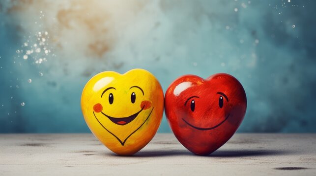 Smiling love: happy couple embracing with painted smiley, joyful and affectionate moment