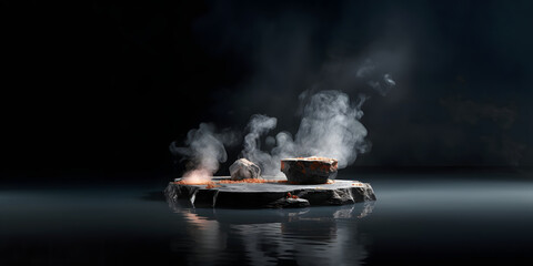 products feature a geometric stone platform on a black background with smoke and lava effect. mockup