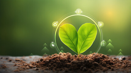 Green plant growing in soil with green nature background. Renewable eco energy concept. - obrazy, fototapety, plakaty