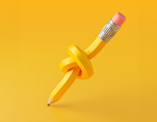 Pencil knot. A pencil tied in a knot on a yellow background. 3d render