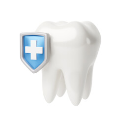 White tooth with a blue shield and a plus symbol as a symbol of protection. 3d render