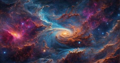 A celestial ballet of swirling nebulae and vibrant stars in a cosmic dance. hyper-realistic, lifelike, ultra-detailed, Wide-angle lens -Generative Ai - obrazy, fototapety, plakaty