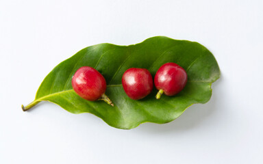 Red coffee beans and green leaf on white background