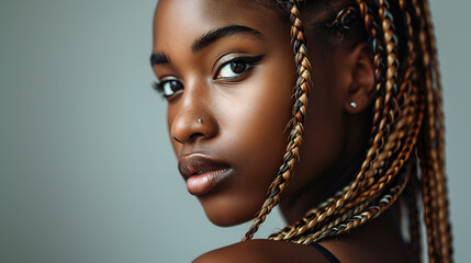 Close-up of Box Braids Hairstyle, young attractive model - obrazy, fototapety, plakaty