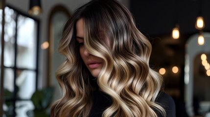 Close-up of Balayage Waves Hairstyle, young attractive model - obrazy, fototapety, plakaty