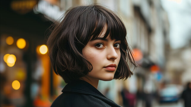 Close-up of Bob with Bangs Hairstyle, young attractive model