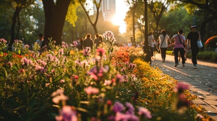 A group of people walking down a sidewalk in a park. Suitable for various outdoor activities and community gatherings - obrazy, fototapety, plakaty