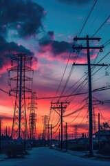 A picturesque street scene with power lines stretching across the sky as the sun sets. Perfect for urban landscapes and cityscapes