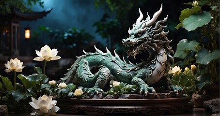 A jade dragon sculpture resting on a bed of lotus flowers, gleaming softly under the moonlight in a serene Chinese garden. hyper-realistic, lifelike, ultra-detailed, Wide-angle lens -Generative Ai