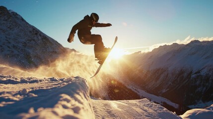 A person on a snowboard executing an impressive trick in mid-air. Ideal for sports enthusiasts and winter activity promotions - obrazy, fototapety, plakaty