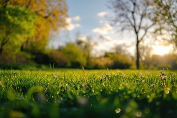 A picture of a green grass field with a tree in the background. Suitable for nature-themed projects and outdoor concepts