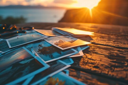 A collection of photos neatly arranged on a wooden table. Perfect for showcasing memories or creating an artistic display