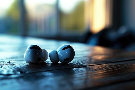 Ear buds placed on a wooden table, suitable for technology or music-related projects