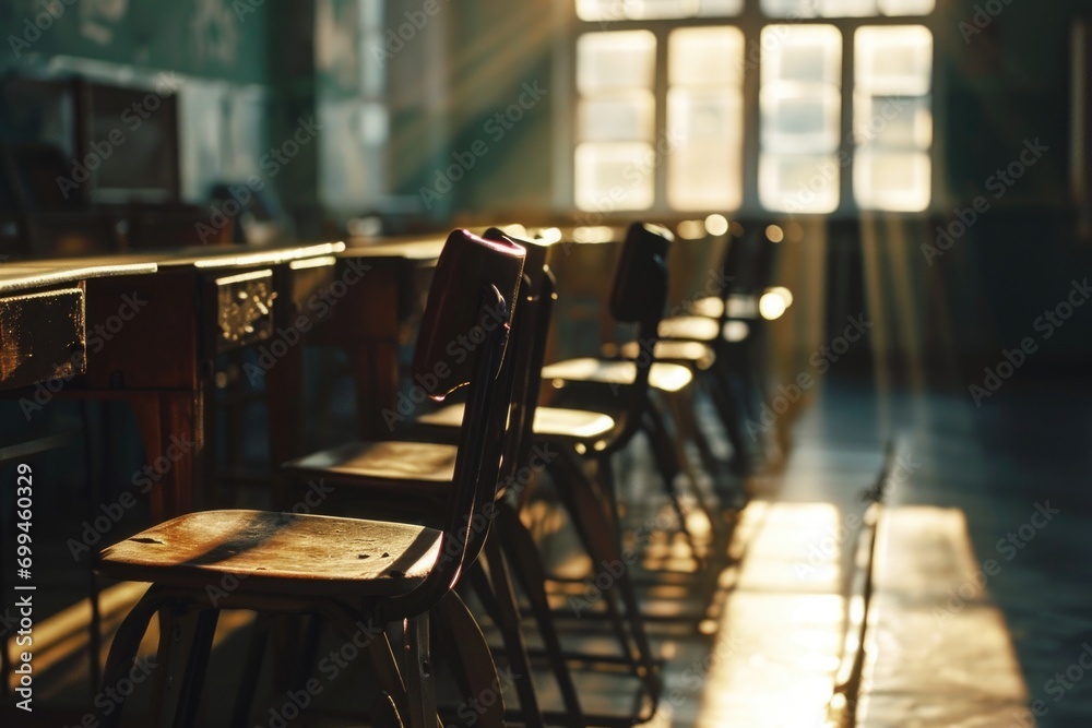 Poster a row of wooden chairs placed in front of a window. can be used to depict a cozy seating arrangement