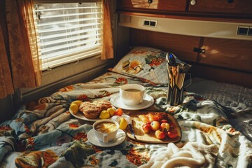 A cozy bed with a tray of delicious food and a steaming cup of coffee. Perfect for breakfast in bed or a lazy Sunday morning. Ideal for food and lifestyle related projects