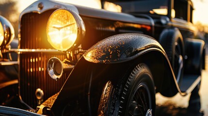 A close-up view of a vintage car with its headlights on. This image can be used to showcase classic cars, automotive history, or as a symbol of nostalgia - Powered by Adobe