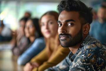 Obraz premium A man seated in a prominent position in front of a gathering of individuals. Suitable for business, leadership, or team-related concepts