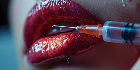 Close up of a woman's lips with a syringe in her mouth. This image can be used to depict drug use, addiction, or healthcare-related concepts