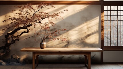 Wooden table top with dried tree branch and leaf in sunlight from window on traditional Japanese