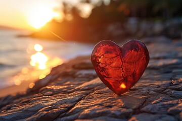 Fototapeta premium A red heart sits on top of a rock next to the ocean. Perfect for expressing love and affection in various romantic and scenic contexts