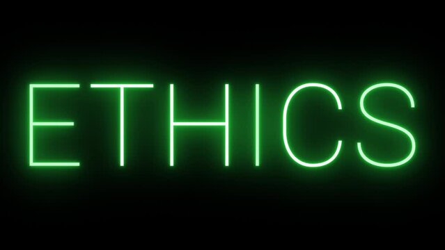Flickering neon green glowing ethics text animated on black background