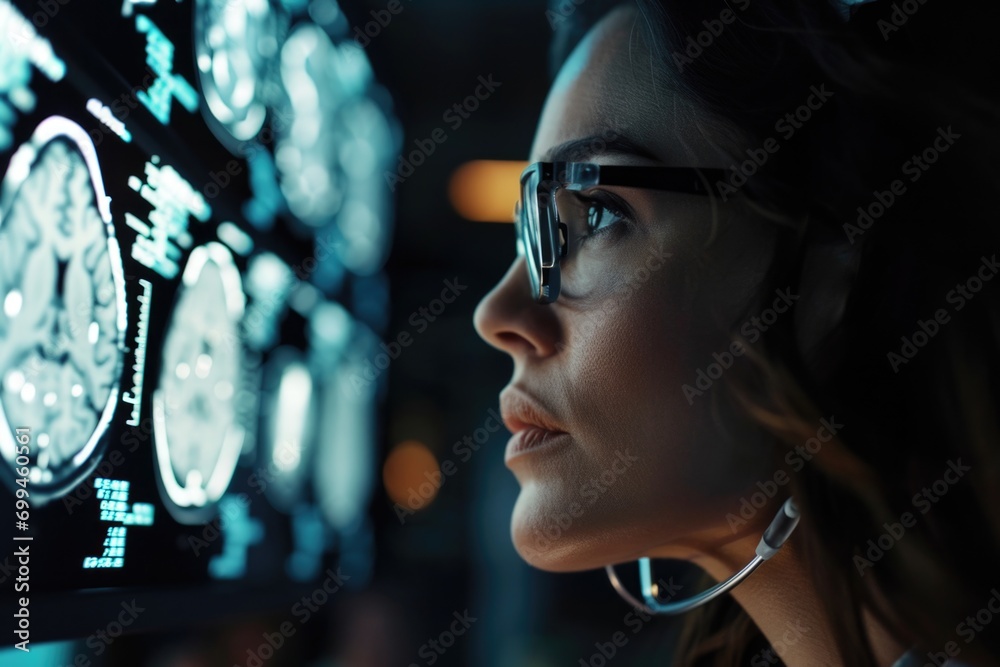 Poster a woman wearing glasses focuses her attention on multiple clocks. this versatile image can be used t