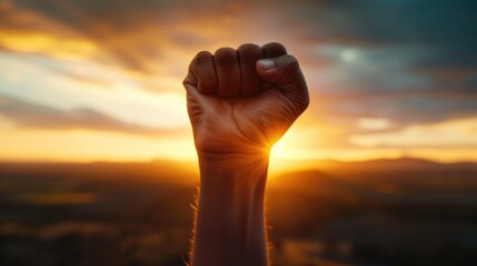 A person's hand holding up a fist in front of a beautiful sunset. This image can be used to represent determination, strength, and empowerment.