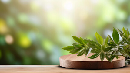 Wooden product display podium with blurred nature leaves background.