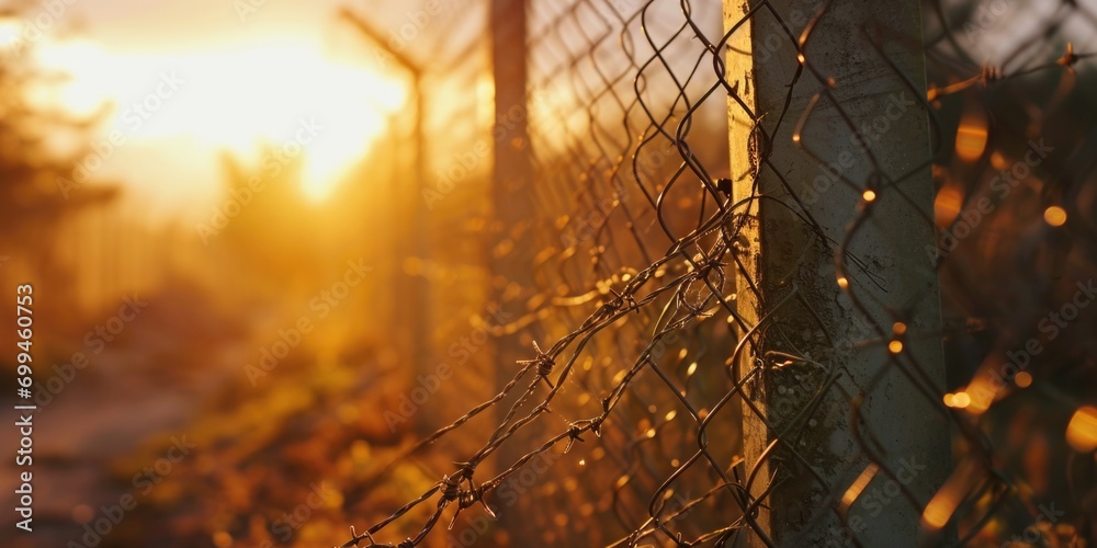 Poster a beautiful sunset is captured behind a chain link fence. this image can be used to depict concepts 