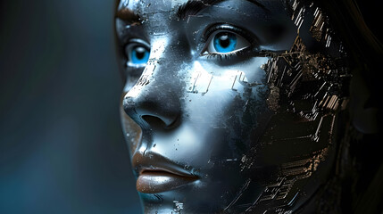 Face of female robot with artificial intelligence.