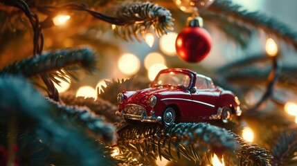 A festive image featuring a toy car placed on a Christmas tree, with colorful lights in the background. Perfect for holiday-themed designs and decorations
