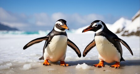 A pair of penguins engaged in a playful snowball fight on the frozen beach, capturing the joy of their winter antics. hyper-realistic, lifelike, ultra-detailed, Wide-angle lens -Generative Ai