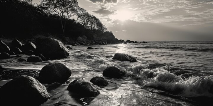 A black and white photo capturing the rugged beauty of a rocky beach. Perfect for adding a touch of nature to any design or project
