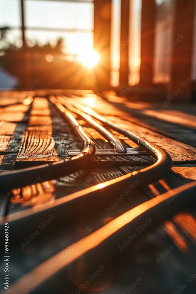 Poster a detailed view of a train track seen through a window. suitable for transportation or travel-relate