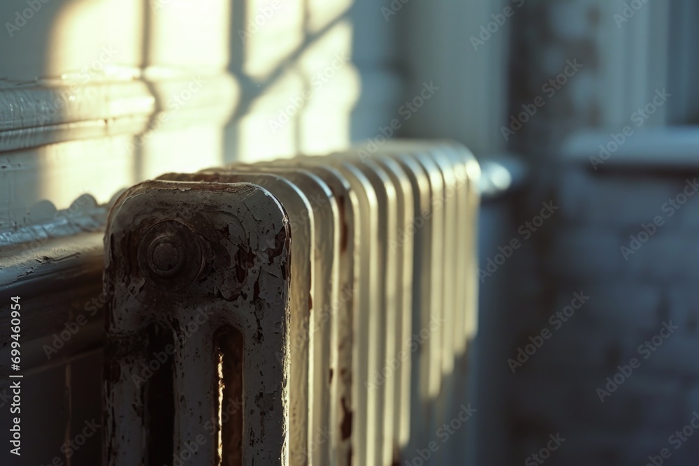 Poster A room with a radiator and a window in the background. Suitable for home interior design and heating concepts
