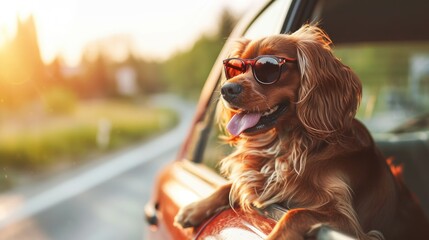 A dog wearing sunglasses sits comfortably in the passenger seat of a car. Perfect for pet lovers and travel enthusiasts - obrazy, fototapety, plakaty