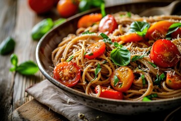 A delicious bowl of spaghetti with ripe tomatoes and fresh basil. Perfect for Italian cuisine or food-related designs - obrazy, fototapety, plakaty