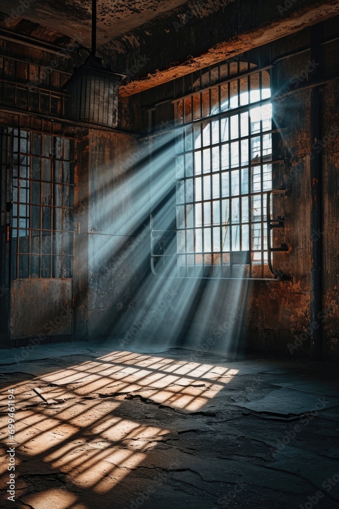 Poster Sun shining through a barred window in an old building. Perfect for adding a touch of light and atmosphere to your projects