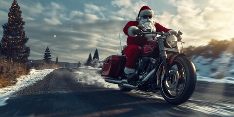 Fototapeta na wymiar Santa Claus joyfully rides a motorcycle down a snowy road. Perfect for Christmas-themed designs and holiday promotions