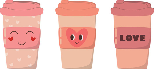 Set of paper coffee cups with cute face and hearts for card, textile, decor, poster. Vector illustration of a glass of coffee. Valentine's Day card.