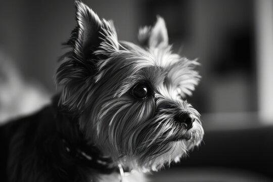 A black and white photo featuring a small dog. Perfect for pet lovers and animal enthusiasts