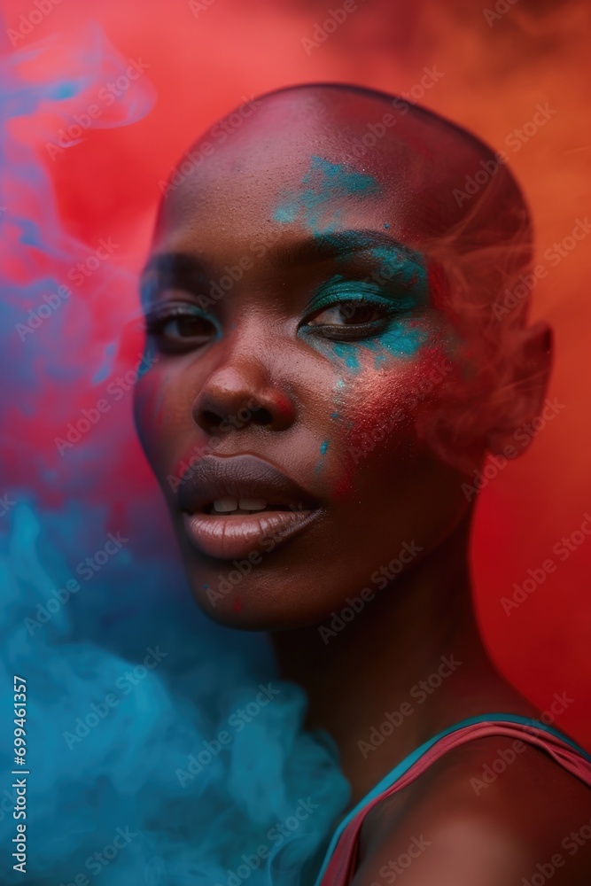 Poster a woman with blue and red smoke on her face. this unique image can be used for artistic projects or 