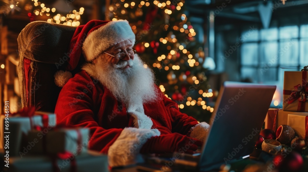 Aufkleber A man dressed as Santa Claus sitting in front of a laptop, working on his computer. This image can be used to represent Santa Claus in a modern, digital context
