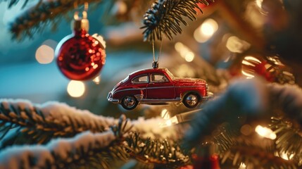A red car ornament hanging from a Christmas tree. Perfect for holiday decorations and adding a festive touch to your home or office