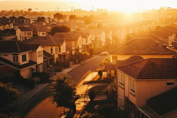 A beautiful sunset is casting a warm glow over a peaceful residential neighborhood. This image can be used to showcase the beauty of suburban living or to depict a calm and serene atmosphere