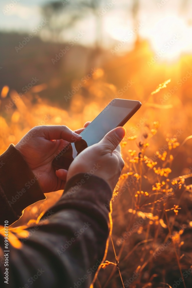 Aufkleber a person holding a smartphone in a field. suitable for technology and nature-related projects