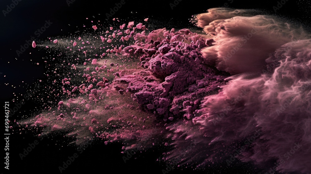 Poster A dynamic image capturing a cloud of pink powder flying through the air. Ideal for adding a vibrant touch to your creative projects