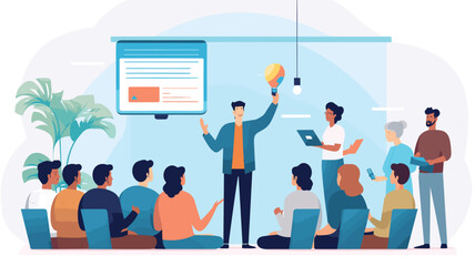 Presentation with audience participation: A presenter gestures towards a screen displaying a question, with engaged audience members raising their hands with ideas.